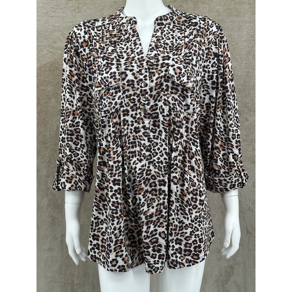 Cocomo Top Womens 2X Brown Leopard 3/4 Sleeves Stretch V-Neck Office Work Travel